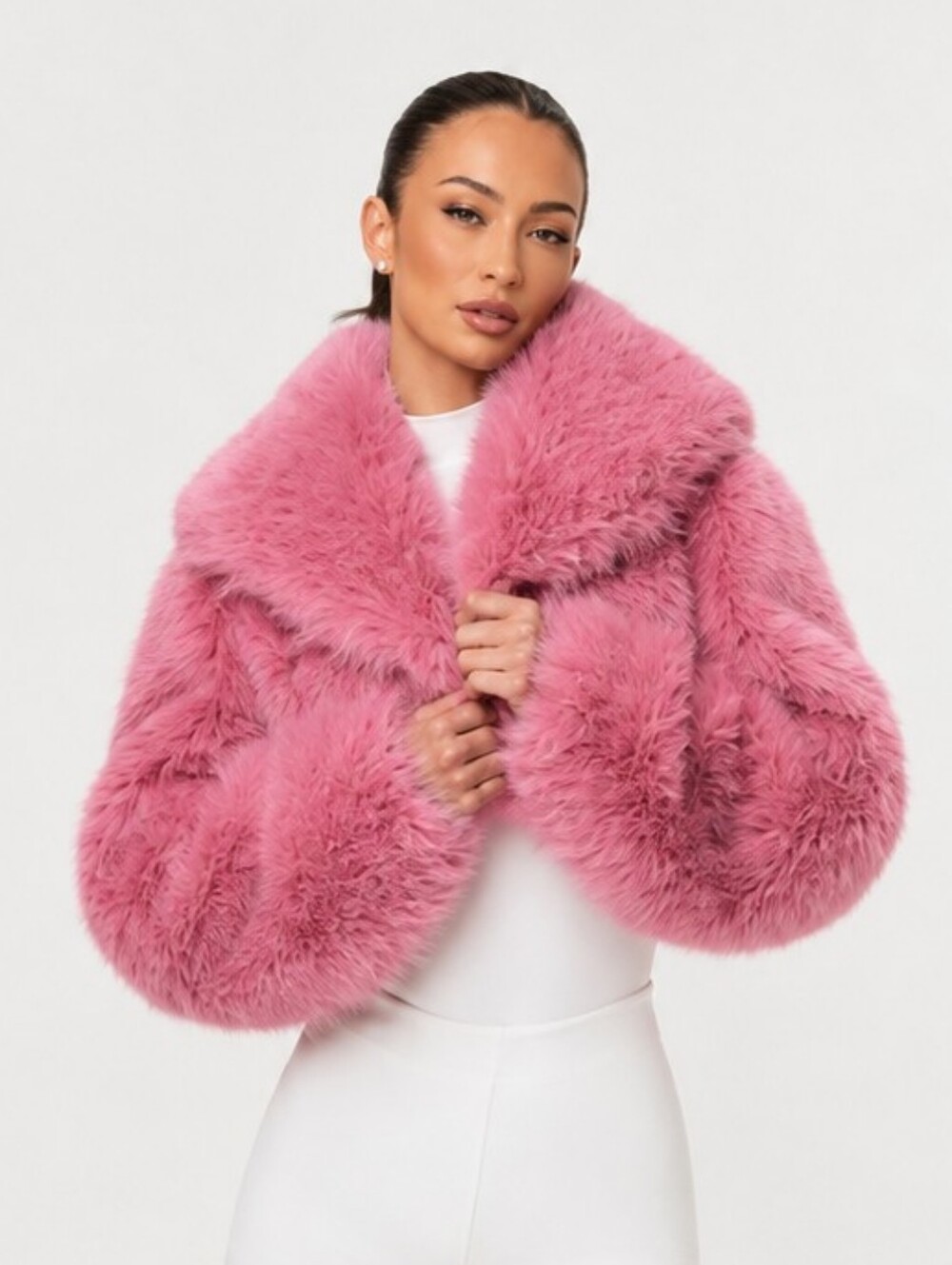 Naked Wardrobe Faux Fur Cropped Jacket Rose Pink Size M